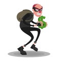 A picture of a balding thief in a mask that sneaks with a dollar on a white background