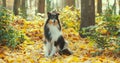 Tricolor Rough Collie, Funny Scottish Collie, Long-haired Collie, English Collie, Lassie Dog Outdoors In Autumn Day