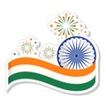 Tricolor Waving Ribbon With Ashoka Wheel And Fireworks In Sticker