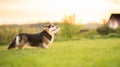 Tricolor welsh corgi pembroke dog sitting on a grass portrait