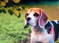 Tricolour Beagle dog in garden. Generated AI