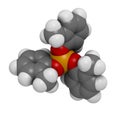 Tricresyl phosphate (TCP) molecule. Used as plasticizer, for waterproofing, as flame retardant, etc. Known to be neurotoxin