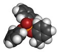 Tricresyl phosphate (TCP) molecule. Used as plasticizer, for waterproofing, as flame retardant, etc. Known to be neurotoxin