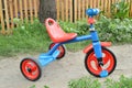 Tricycle kids bike Bicycle blue and red new is on the road in the garden to entertain children Royalty Free Stock Photo
