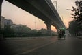 Tricycle rickshaw, pedicab, new delhi misty morning sunrise