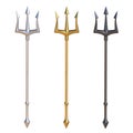 Tridents, silver, golden and black metal, isolated on white background, 3d rendering Royalty Free Stock Photo