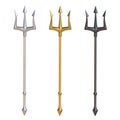 Tridents, silver, golden and black metal, isolated on white background, 3d rendering