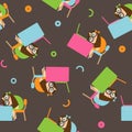 Tried working office girl with laptop and desk seamless pattern background