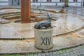 Dog Sculpture detail of Water Clock Fountain (Wasseruhrbrunnen) at Willy-Brandt-Platz Square - Trier, Germany