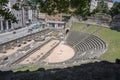 Trieste / ITALY - June 23, 2018: View of Roman theatre of Triest ruins at the foot of San Giusto hill, made of stone