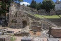Trieste / ITALY - June 23, 2018: View of Roman theatre of Triest ruins at the foot of San Giusto hill, made of stone