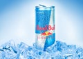 TRIESTE, ITALY-MAY 29, 2016: Aluminium can of Red Bull Energy drink on ice.