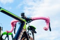 Trieste, Italy - 30 may 2014: close up of professional colombian biker Nairo Quintana bycicle handle bar with traditional pink
