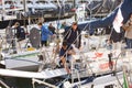 Italian sailors working on sailboa