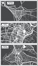 Trieste, Taranto and Turin Italy City Maps Set in Black and White Color in Retro Style