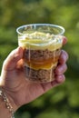 Trifle is delicate sweet dessert made of sponge dough and custard. Delicious dessert in transparent glass in woman`s hand