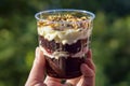 Trifle is delicate sweet dessert made of sponge dough and custard. Delicious dessert in transparent glass in woman`s hand