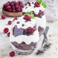 Trifle dessert with brownie, cream cheese frosting and raspberry in glass, square format