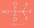 Triflic acid trifluoromethanesulfonic acid molecule. One of the strongest acids used in organic chemistry. Skeletal formula.