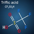 Triflic acid, trifluoromethanesulfonic acid, TFMS, TFSA, HOTf, TfOH, CF3SO3H molecule. It is one of the most powerful acids.