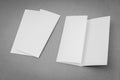 Trifold white template paper on gray background .