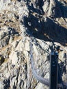 Trift, Switzerland - October 18th 2022: Spectacular rope bridge Triftbruecke crossing a canyon Royalty Free Stock Photo