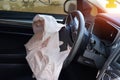 triggered airbag on the steering wheel of the car Royalty Free Stock Photo