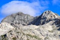 Triglav mountain summit with Dom Planika shelter in Triglav National Park Slovenia Royalty Free Stock Photo