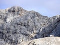 Triglav mountain summit with Dom Planika shelter in Triglav National Park Slovenia Royalty Free Stock Photo