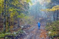 TRIGLAV NATIONAL PARK, SLOVENIA - OCTOBER 17, 2021: Young woman with blue backpack on a path in a misty forest.