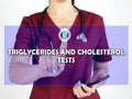 TRIGLYCERIDES AND CHOLESTEROL TESTS inscription on the screen. Close up Doctor hands holding black smart phone