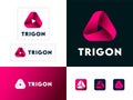 Trigon sign. Three red ribbons, intertwined elements, infinite, looping, rotation. Identity. Web buttons.