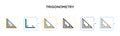 Trigonometry vector icon in 6 different modern styles. Black, two colored trigonometry icons designed in filled, outline, line and