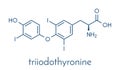 Triiodothyronine (T3, liothyronine) thyroid hormone molecule. Pituitary gland hormone. Also used as drug to treat hypothyroidism.