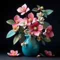 Trillium Arrangement: Blue Vase With Polystyrene Flowers In Teal And Pink