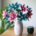 Trillium Arrangement: Teal And Pink Origami Flowers On Wooden Table
