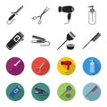 Trim, hair coloring, comb, straightener. Hairdresser set collection icons in black,flet style vector symbol stock