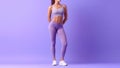 Trim Young Woman In Fitness Clothes On Lavender Color Background With Empty Space, Full Body. Generative AI