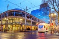 TriMet Max, Tram trail at night beside Pioneer square in Morrison St, Downtown Portland Royalty Free Stock Photo