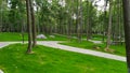 Trimmed lawn in forest with path. Abstract natural backgrounds with beauty bokeh Royalty Free Stock Photo