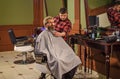 Trimming beard. Man client sit chair. Barbershop services. As gentleman and decent human being, you must tip your barber