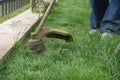 Trimming grass lawn edge along fence