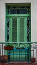 Green shuttered window on white wall with planters and green ban