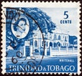 TRINIDAD AND TOBAGO - CIRCA 1960: A stamp printed in Trinidad and Tobago shows Whitehall and Queen Elizabeth II, circa 1960.