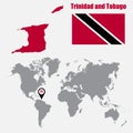 Trinidad and Tobago map on a world map with flag and map pointer. Vector illustration Royalty Free Stock Photo