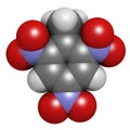Trinitrotoluene (TNT) high explosive molecule. Atoms are represented as spheres with conventional color coding: hydrogen (white),