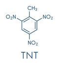 Trinitrotoluene TNT high explosive molecule. Skeletal formula.