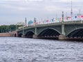 Trinity Bridge decorated with flags in honor of the Russian Navy Royalty Free Stock Photo
