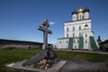 Trinity Cathedral and cross on veche square in Pskov Krom, Pskov city, Russia