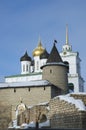 Trinity cathedral Pskov. Kremlin Russia. Ancient fortress on the river bank Royalty Free Stock Photo